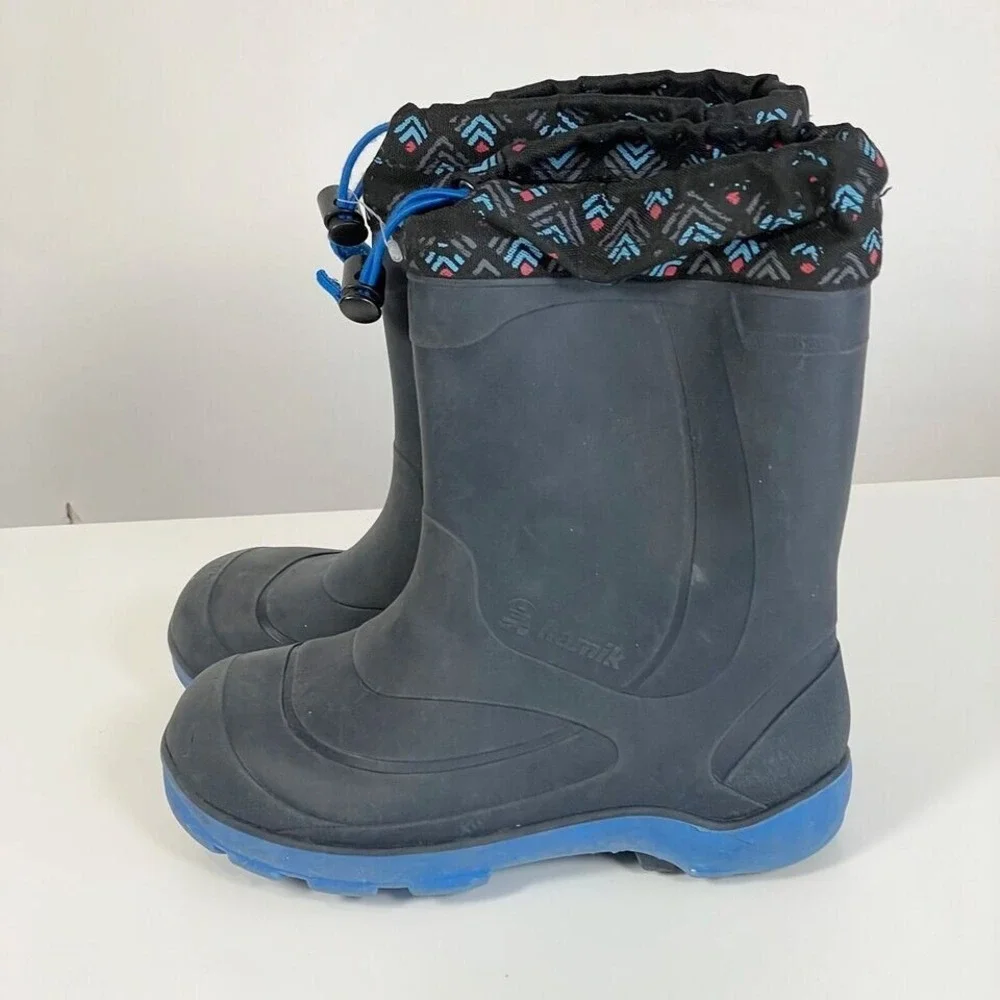 Kamik Snobuster Snow Boots Kids Size 2 Black Blue Pull On Waterproof Outdoor‎